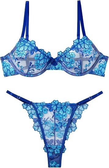 Blue Floral Lace Lingerie Set image 3