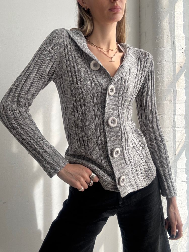 Grey Knitted Hooded Cardigan