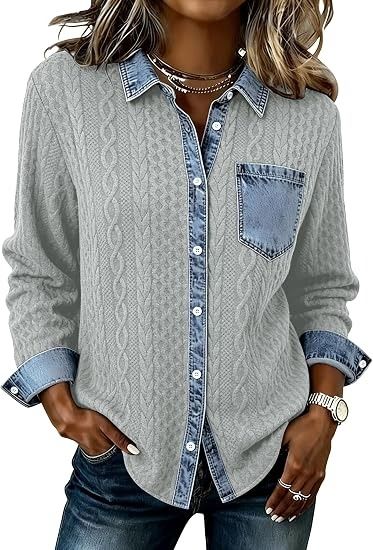 Immagine di Grey Cable Knit Cardigan With Denim Trim Shirt 3