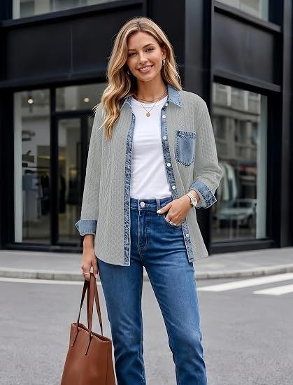 Grey Cable Knit Cardigan With Denim Trim Shirt image 1