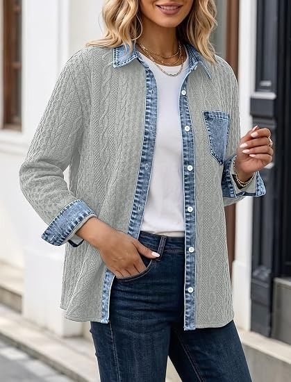 Immagine di Grey Cable Knit Cardigan With Denim Trim Shirt 4