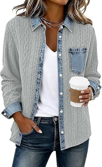 Immagine di Grey Cable Knit Cardigan With Denim Trim Shirt 2