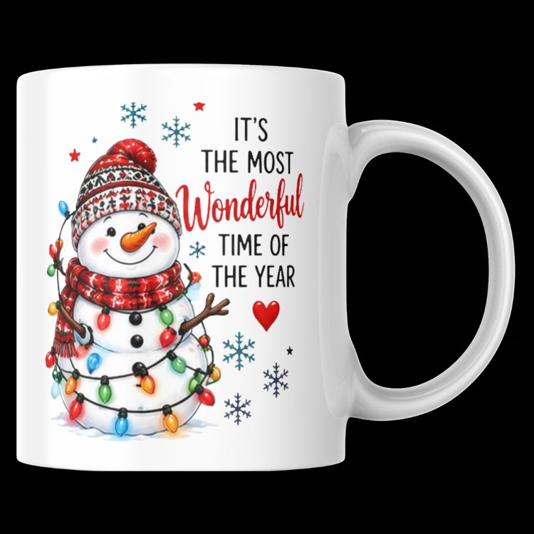 Festive Most Wonderful Time Snowman Ceramic Coffee Mug – Cute Winter Holiday Tea Cup with Fairy Lights & Scarf Gift (M1234)