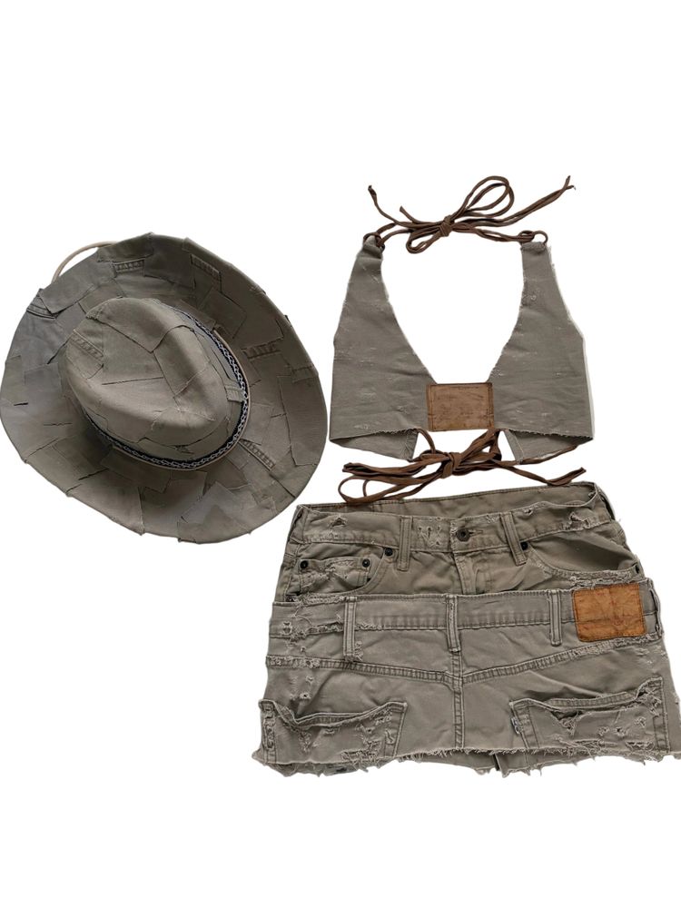 Handmade Beige Distressed Denim Cowboy Hat