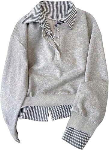 Grey Layered Look Sweatshirt With Striped Collar And Cuffs image 3