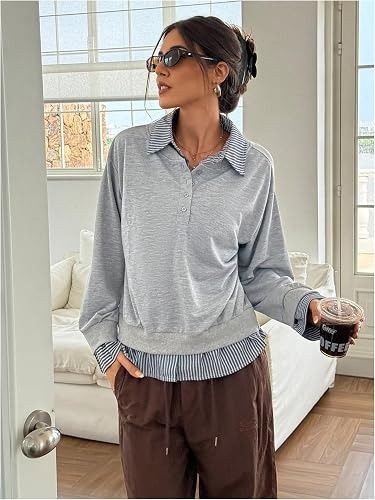 Grey Layered Look Sweatshirt With Striped Collar And Cuffs image 4
