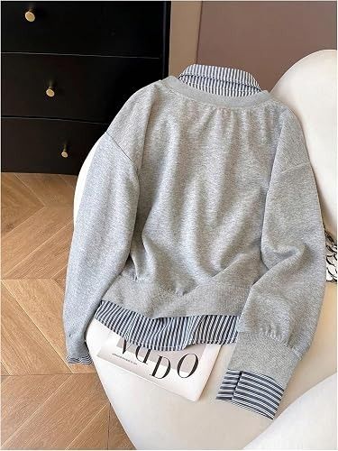 Grey Layered Look Sweatshirt With Striped Collar And Cuffs image 5