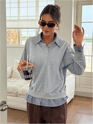 Grey Layered Look Sweatshirt With Striped Collar And Cuffs image 2
