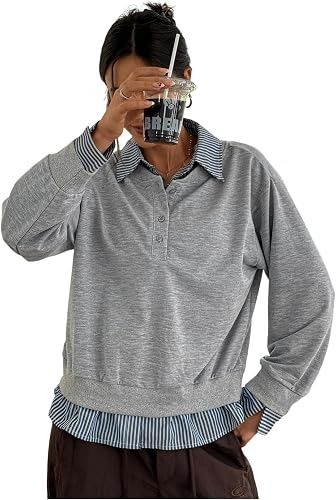 Grey Layered Look Sweatshirt With Striped Collar And Cuffs image 1