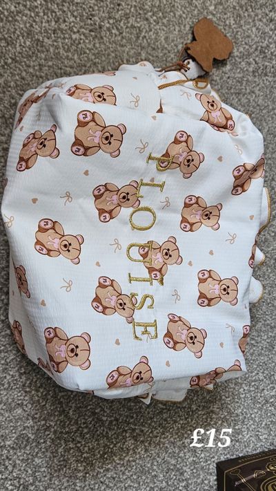 White Fabric Bag With Teddy Bear Print