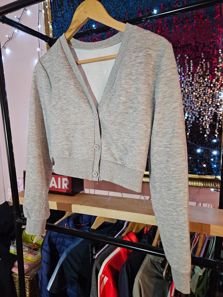 Grey Cropped Cardigan Sweater obraz 2