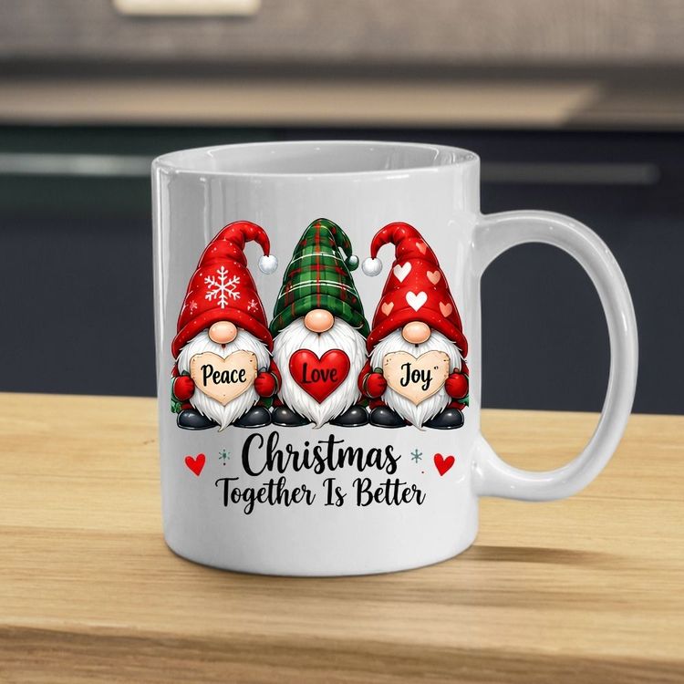 Other Festive Mug Peace Love Joy Trio Gnomes 325ml Ceramic Coffee Mug – Christmas Together Is Better Holiday Tea Cup with Hearts & Plaid Hat | Available in Multicolours | Fast Dispatch by UK Seller (M1271) product image