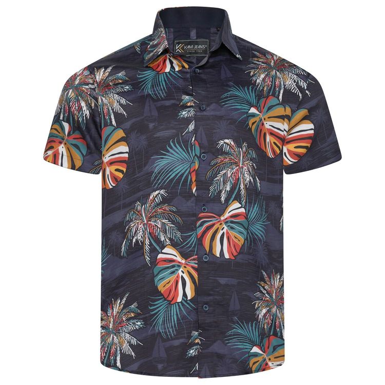 KAM Short Sleeve Acorn Palm Print Shirt For Men in Navy, 2XL-8XL image 1
