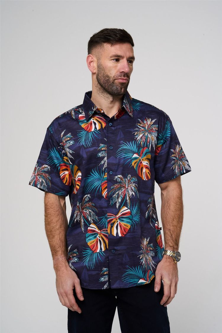 KAM Short Sleeve Acorn Palm Print Shirt For Men in Navy, 2XL-8XL image 3