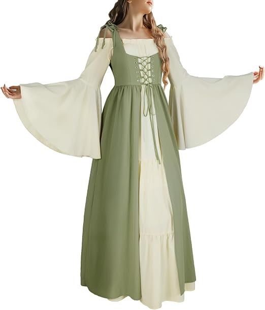 Green And Cream Long Dress With Lace-Up Bodice