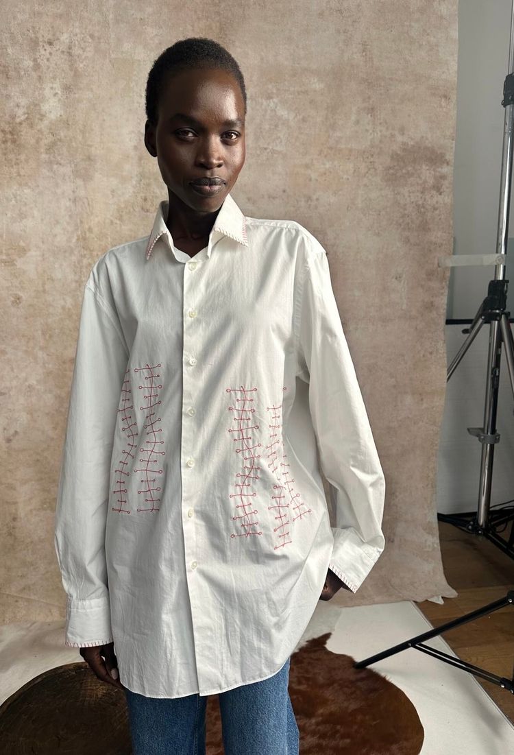 Unknown White Long Sleeve Shirt with Red Stitching product image