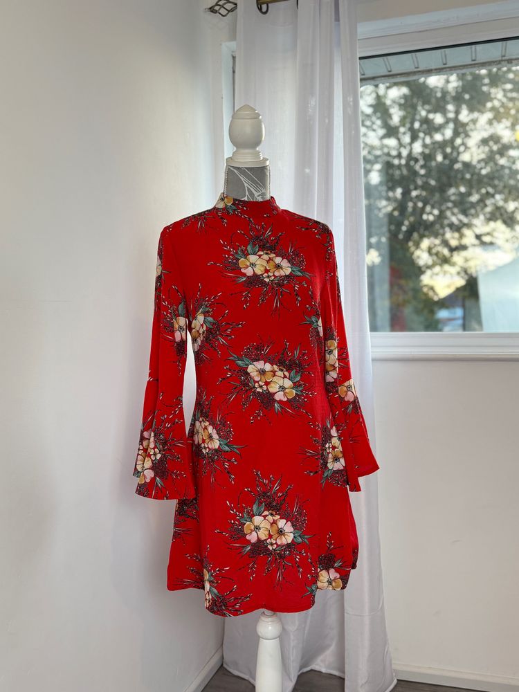 Quiz Red Floral Long Sleeve Dress