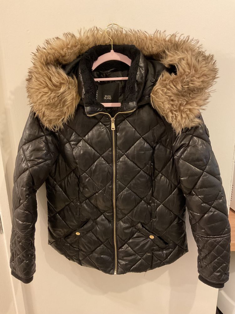 River island Black Quilted Jacket With Faux Fur Hood