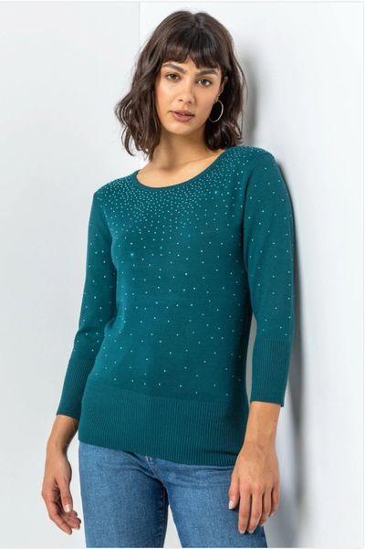 Roman Emerald Green Ladies Diamante Studded Jumper - Size 10 - Sparkle Knit 1