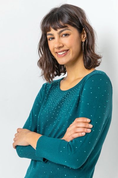 Roman Emerald Green Ladies Diamante Studded Jumper - Size 10 - Sparkle Knit 14