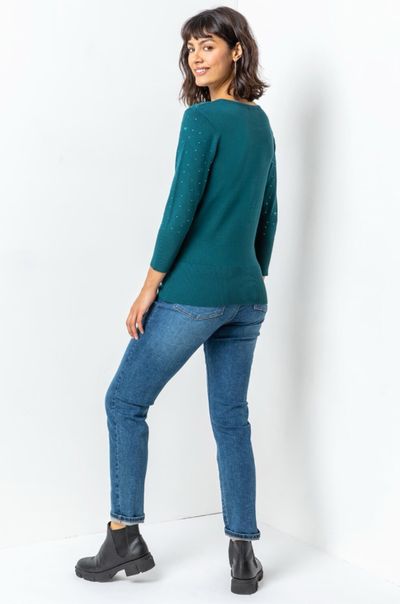 Roman Emerald Green Ladies Diamante Studded Jumper - Size 10 - Sparkle Knit 4