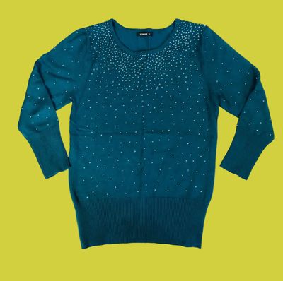 Roman Emerald Green Ladies Diamante Studded Jumper - Size 10 - Sparkle Knit 13