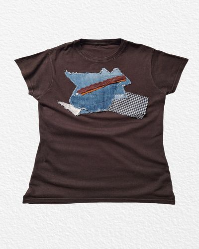 RARE Brown T-Shirt With Denim And Checkered Patches