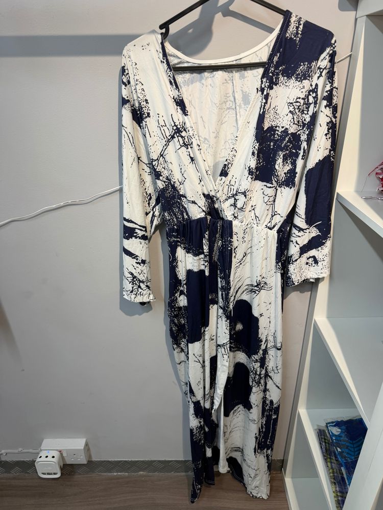 Other White And Navy Abstract Print Long Dress - Viral and trending product image