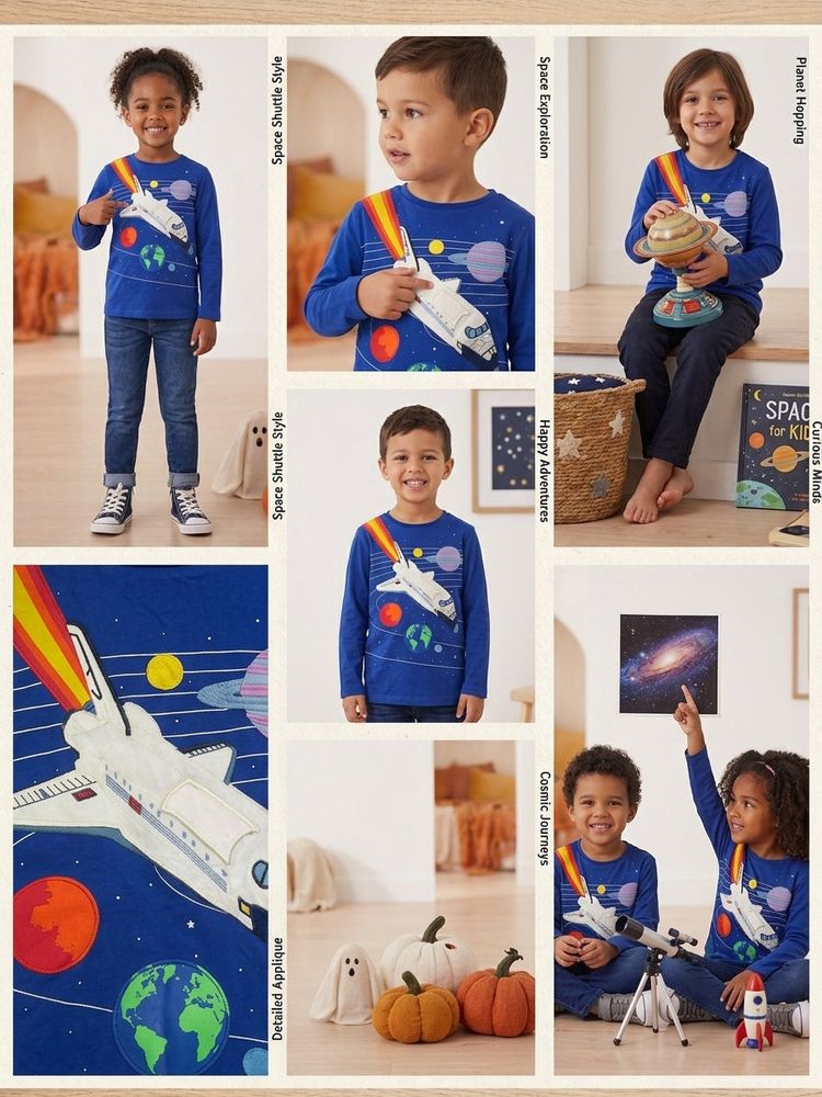 Mini Boden Long Sleeve Space Print Kids T-Shirt In Navy image 1