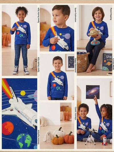 Mini Boden Long Sleeve Space Print Kids T-Shirt In Navy