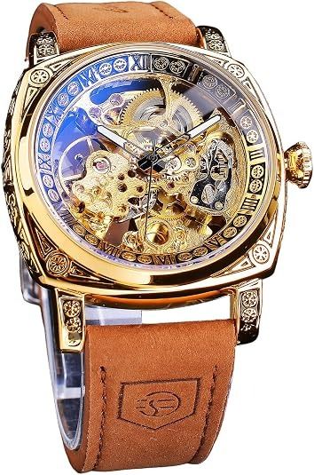 Immagine di Gold-Tone Mechanical Watch With Brown Leather Strap 1
