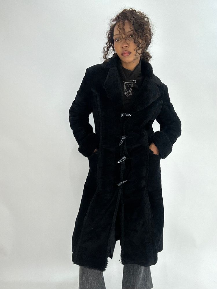 WINTER FAVOURITES | small black suede style trench coat with faux fur trim image 1