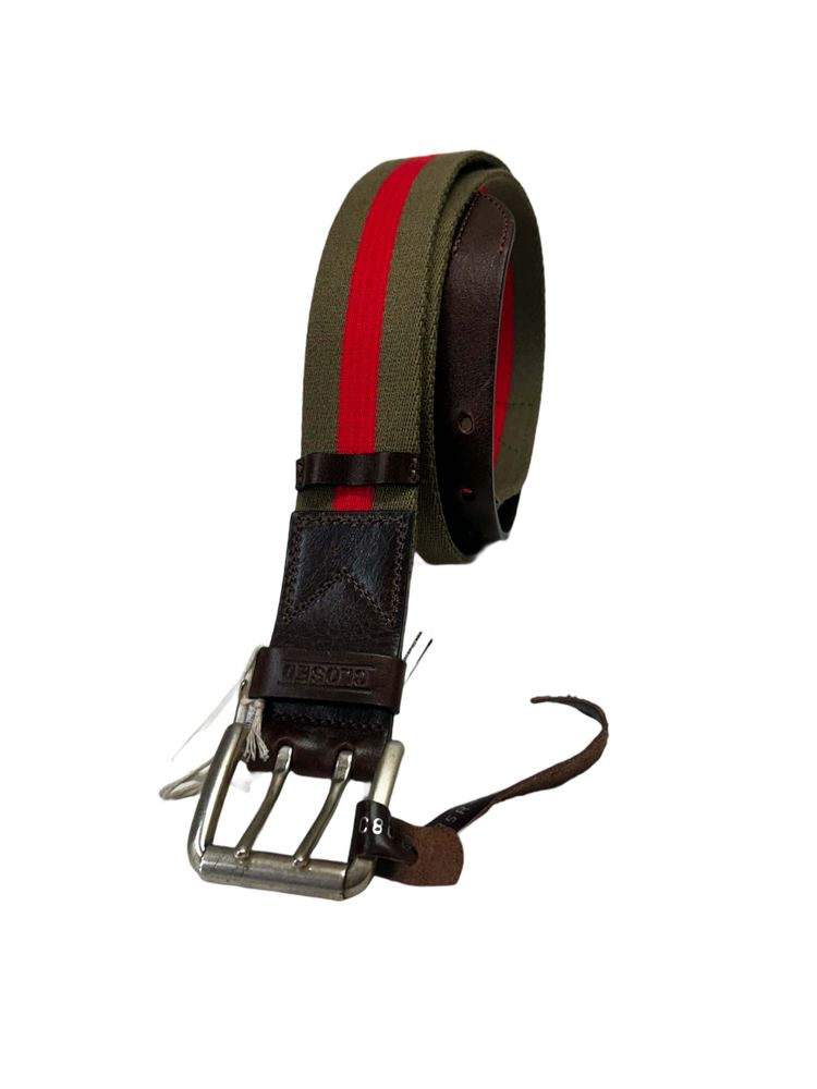Closed Double Notch Belt With Leather & striped Canvas Strap