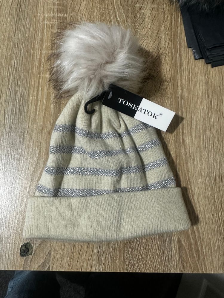 Toskatok Striped Beanie Hat With Pom Pom