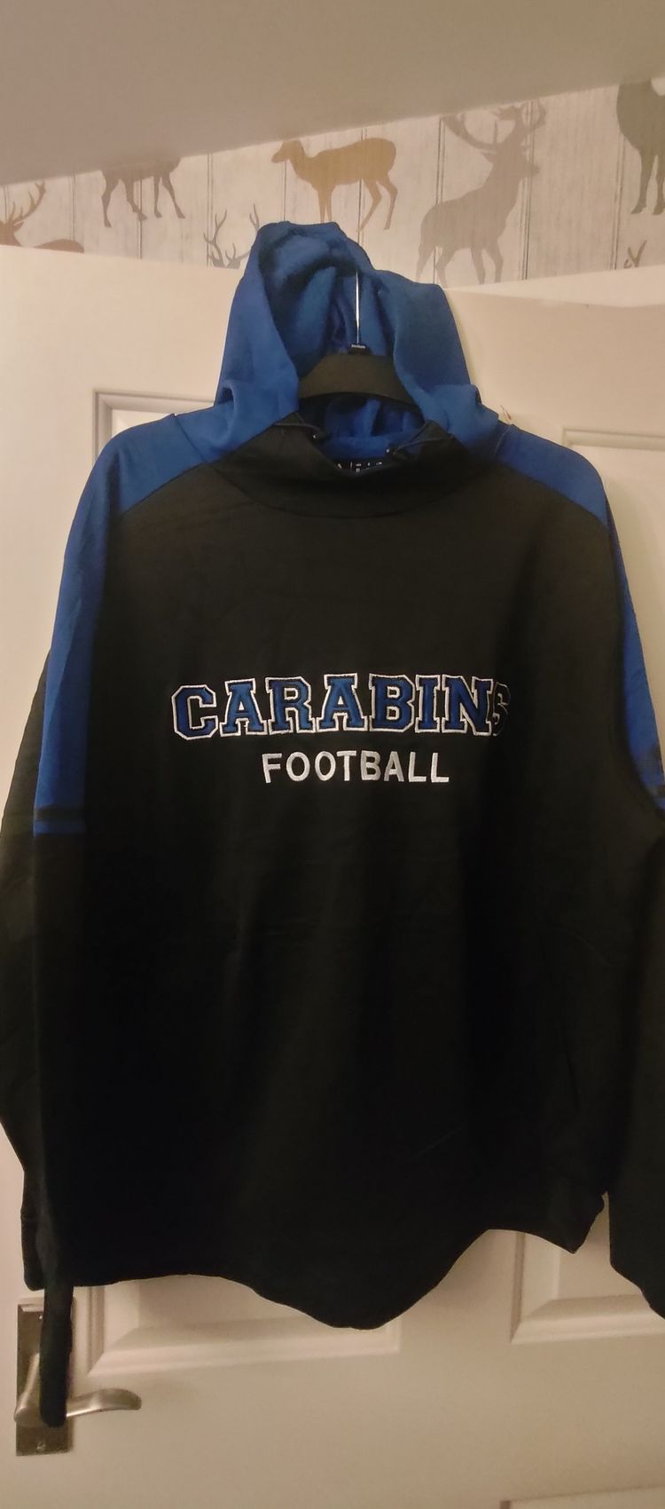 XL Black And Blue Hooded Sweatshirt With Carabins Football Text