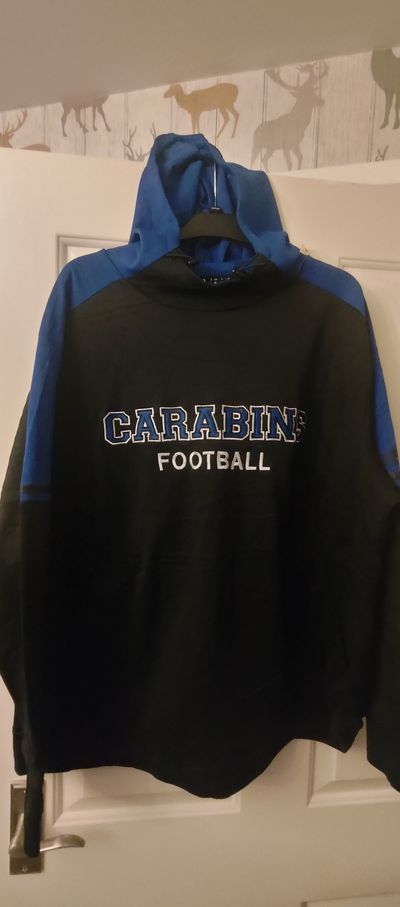XL Black And Blue Hooded Sweatshirt With Carabins Football Text