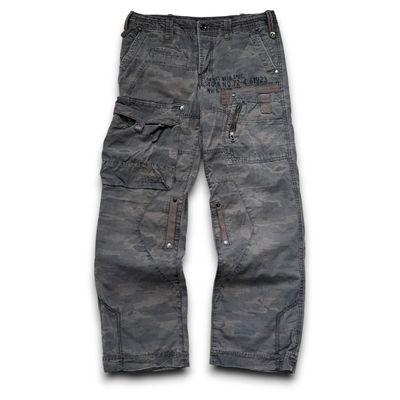 Next 2000's technical low rise loose multi pocket denim camo bottoms (S)
