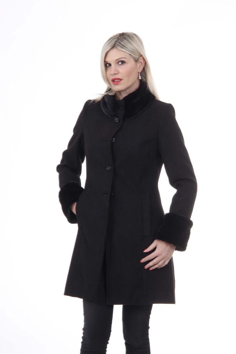 V 1969 Italia Womens Coat CAPPOTTO LINDA TESS. VELOUR + PELLICCIA NERO