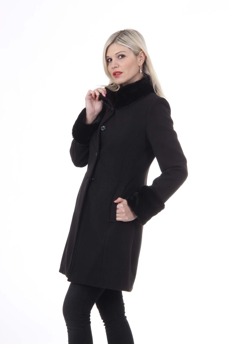 V 1969 Italia Womens Coat CAPPOTTO LINDA TESS. VELOUR + PELLICCIA NERO 2