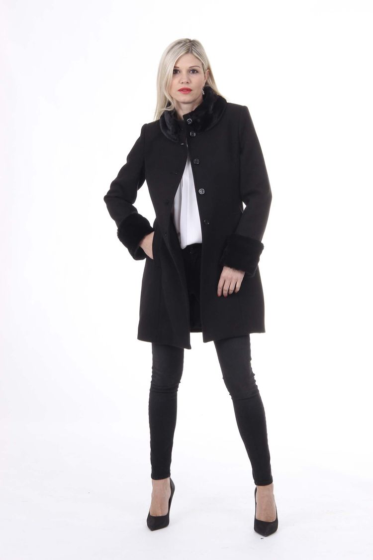 V 1969 Italia Womens Coat CAPPOTTO LINDA TESS. VELOUR + PELLICCIA NERO 8