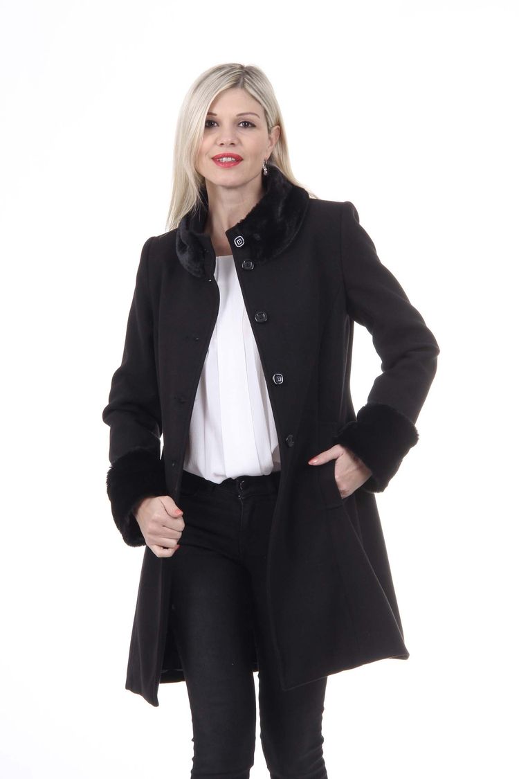 V 1969 Italia Womens Coat CAPPOTTO LINDA TESS. VELOUR + PELLICCIA NERO 6