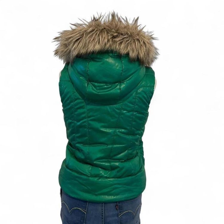 Green Sleeveless Puffer Golet Vest With Faux Fur Hood size S/M imagen 2