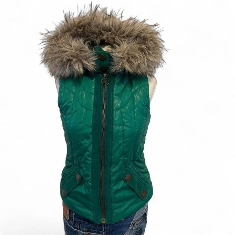 Green Sleeveless Puffer Golet Vest With Faux Fur Hood size S/M imagen 7