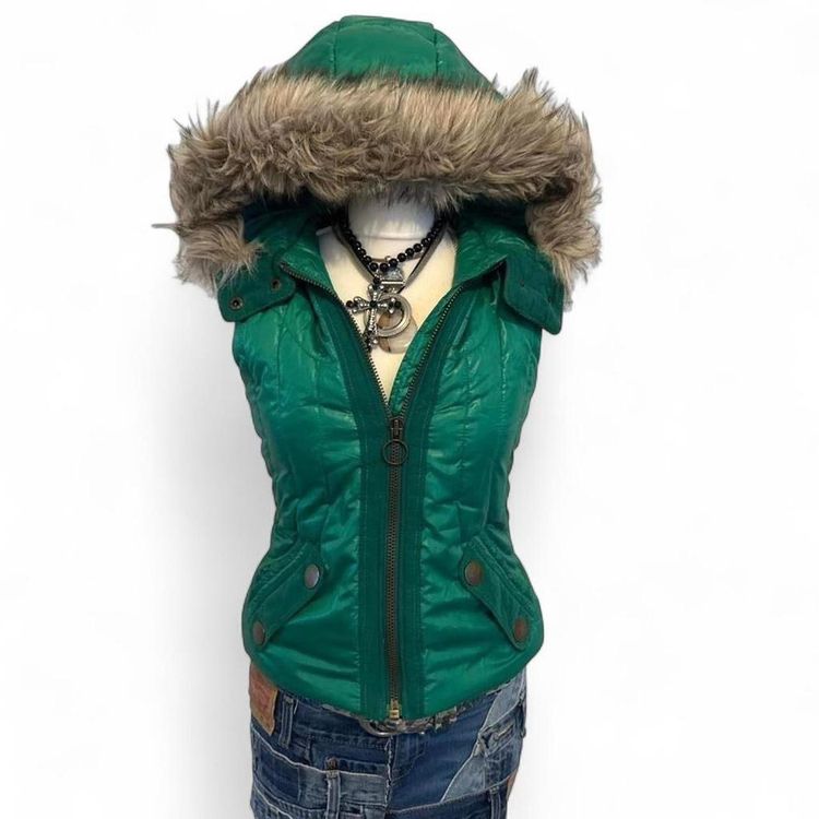 Green Sleeveless Puffer Golet Vest With Faux Fur Hood size S/M