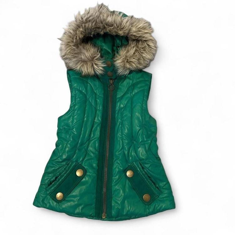Green Sleeveless Puffer Golet Vest With Faux Fur Hood size S/M imagen 3