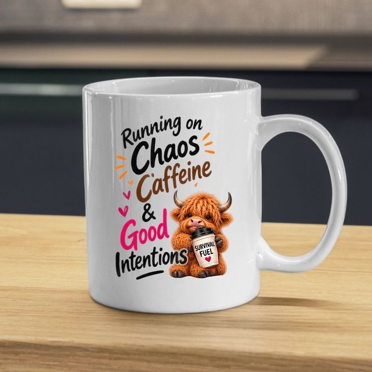 Other Humorous Mug Running on Chaos Caffeine & Good Intentions Highland Cow 325ml Ceramic Coffee Mug – Funny Coffee Lover Tea Cup with Survival Fuel Cup Gift | Available in Multicolours | Fast Dispatch by UK Seller (M1286) product image