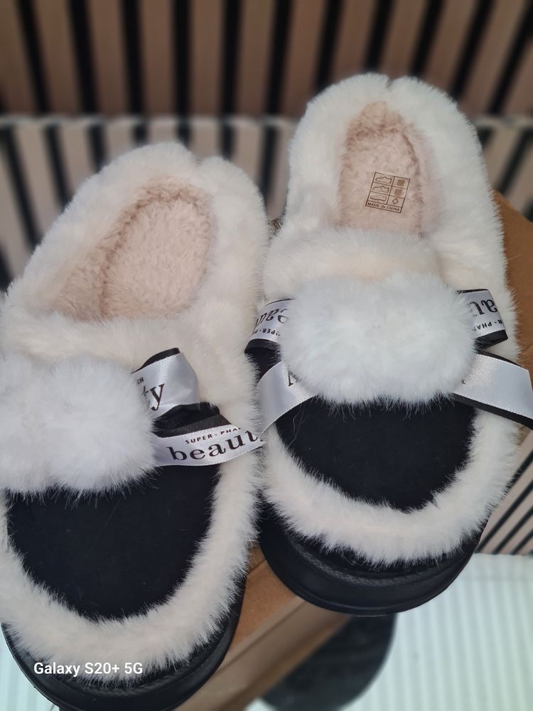 Black And White Fluffy Slippers image 1