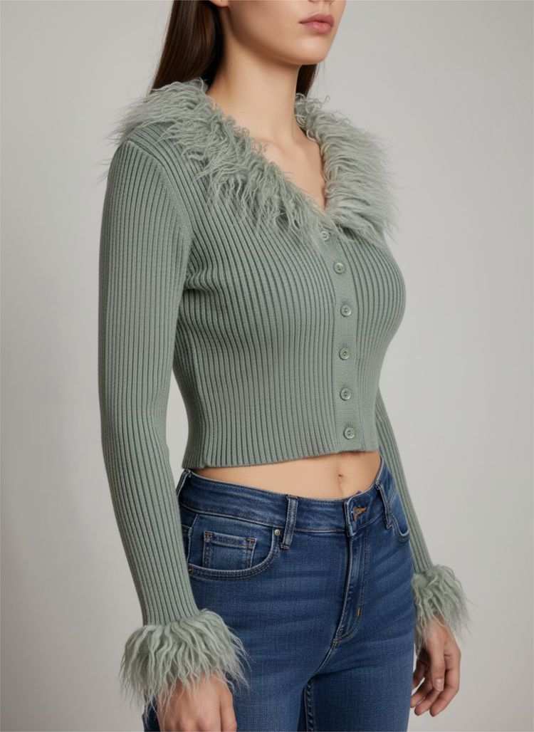 Cider Ribbed Button-Up Cardigan With Faux Fur Trim product image