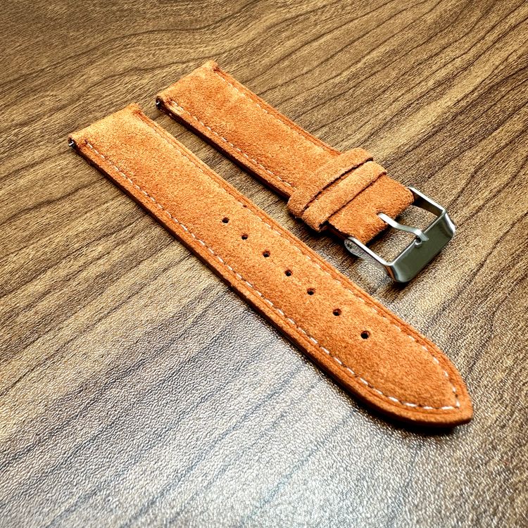 Orange & White Stitch Genuine Suede Leather Watch Strap Quick Release 22mm 2