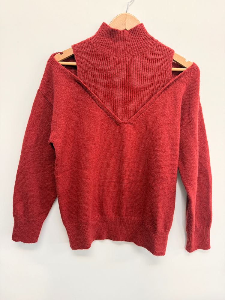 Red Knit Sweater With Turtleneck And V-Neck Overlay